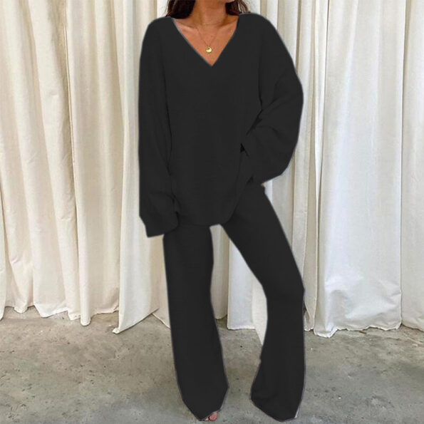 V-Neck Long Sleeve Top and Long Pants Set - Image 5