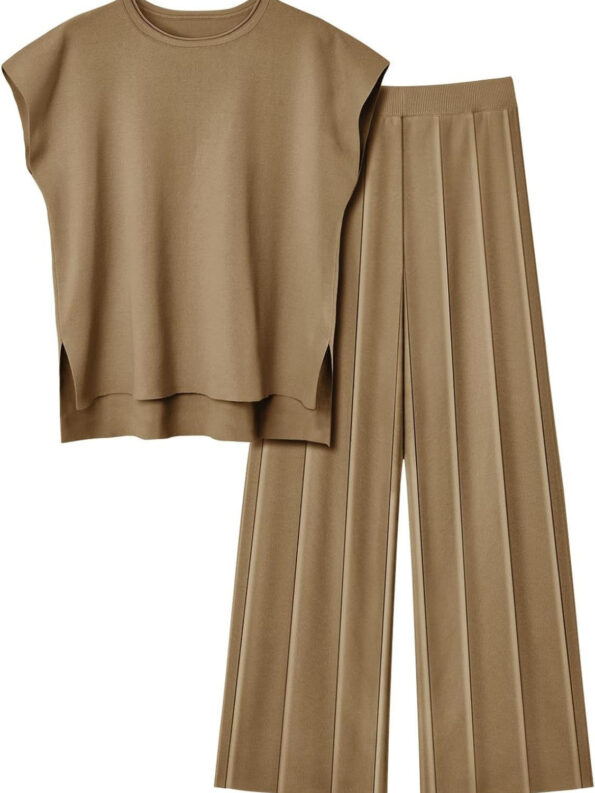 Round Neck Cap Sleeve Top and Pants Knit Set - Image 3