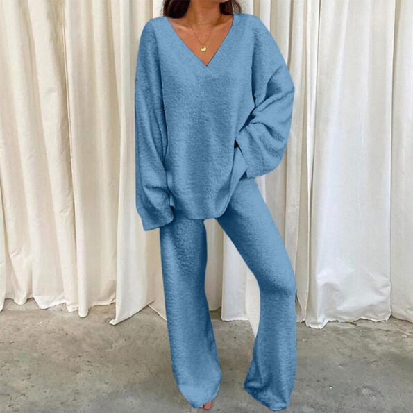 V-Neck Long Sleeve Top and Long Pants Set - Image 3
