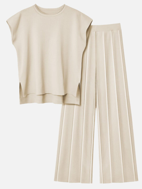 Round Neck Cap Sleeve Top and Pants Knit Set - Image 4