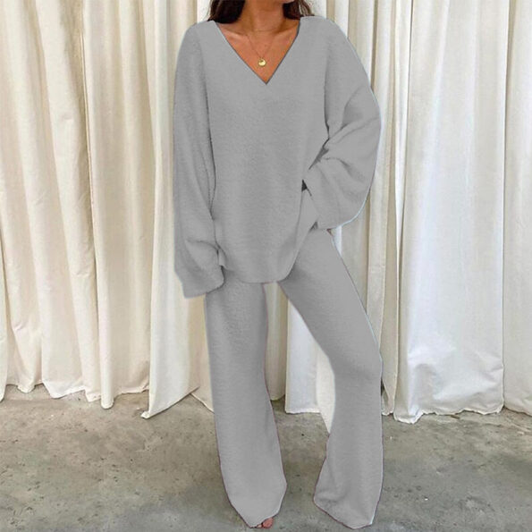 V-Neck Long Sleeve Top and Long Pants Set - Image 2